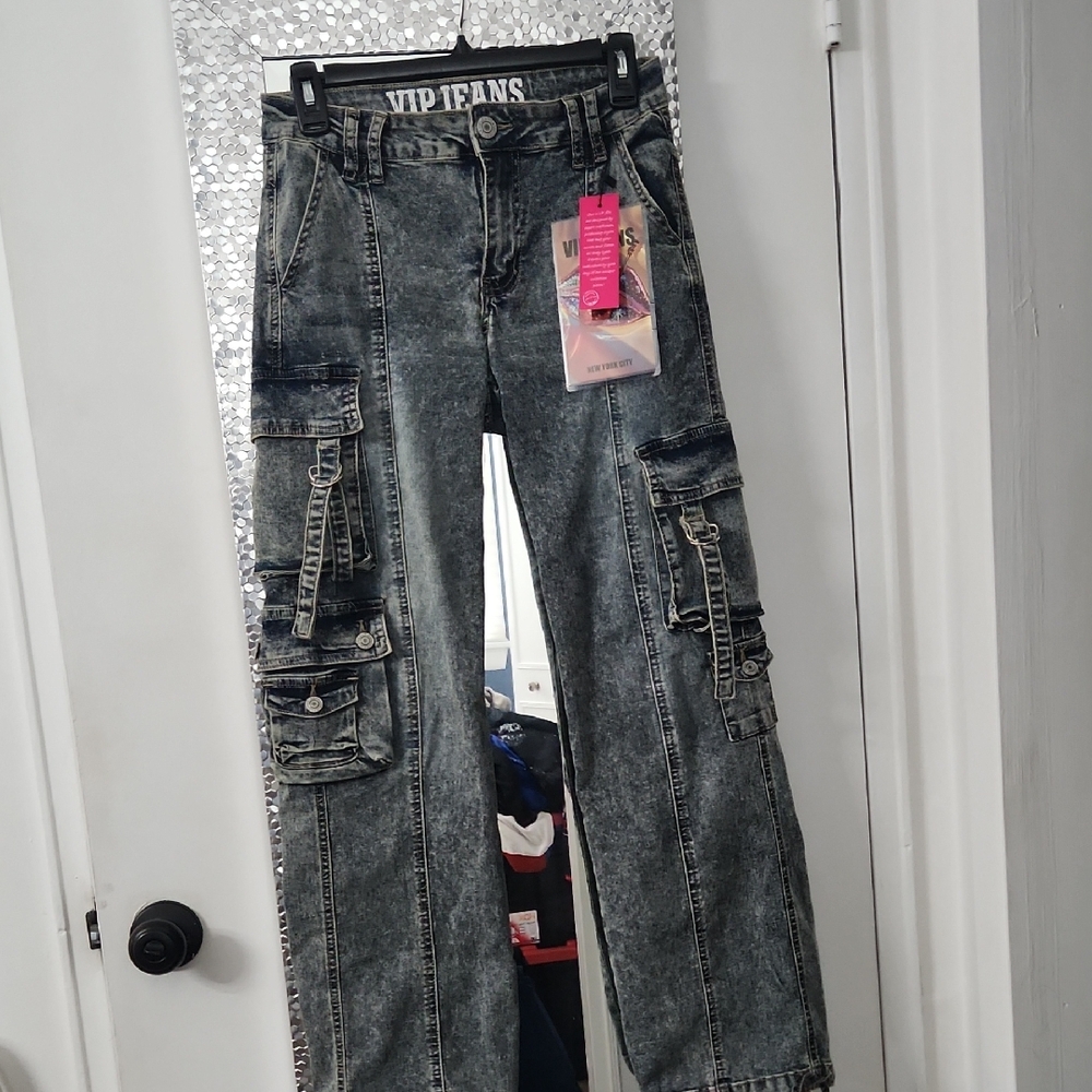 VIP Women's Gray Straight Leg Cargo Jeans